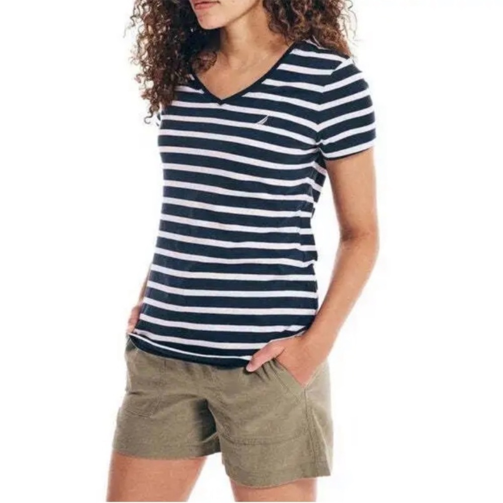 Nautica Navy and White Striped V-Neck Top New Without Tag